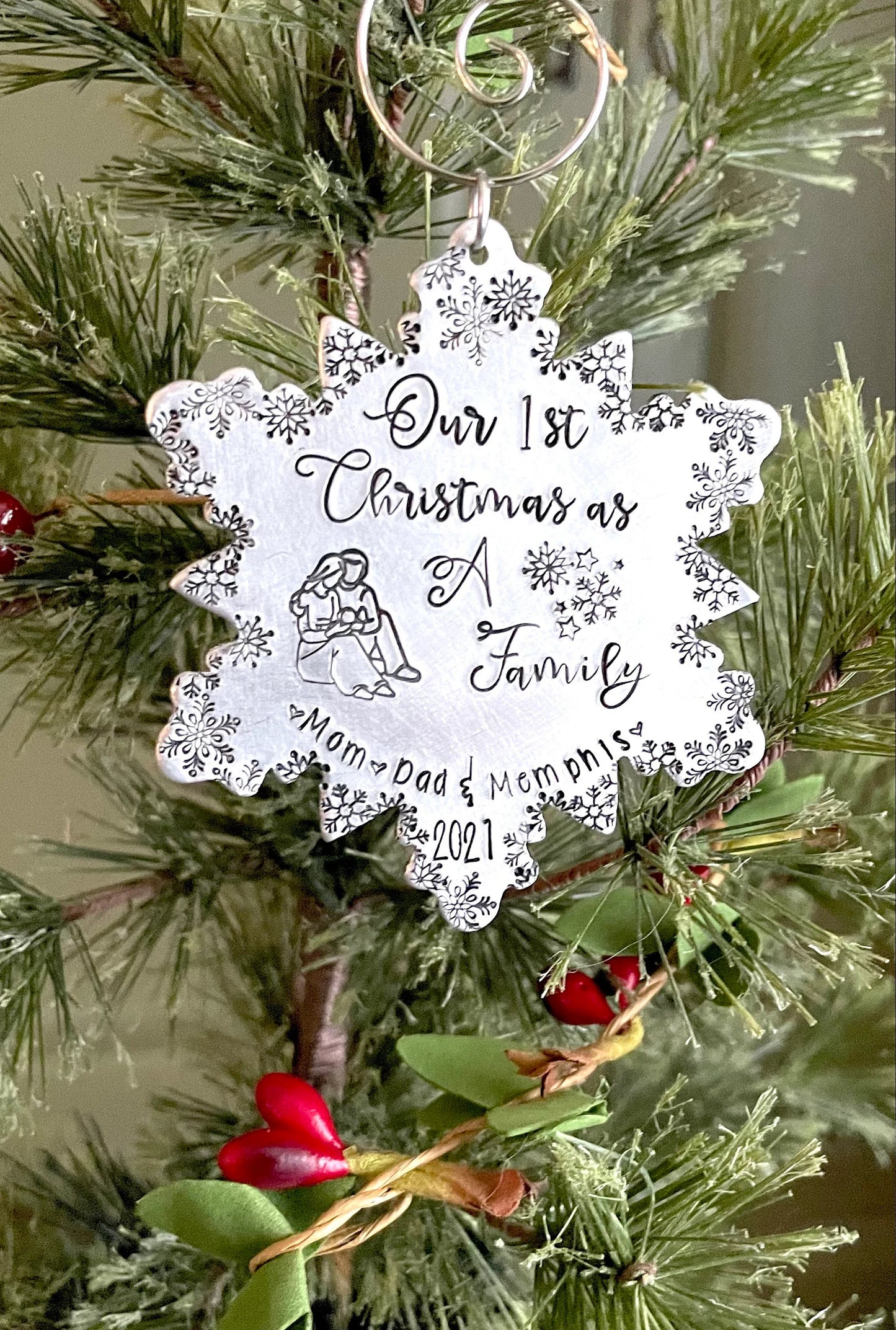 Our first Christmas as a family ornament personalized hand stamped first Christmas together family ornament 2021 snowflake ornament