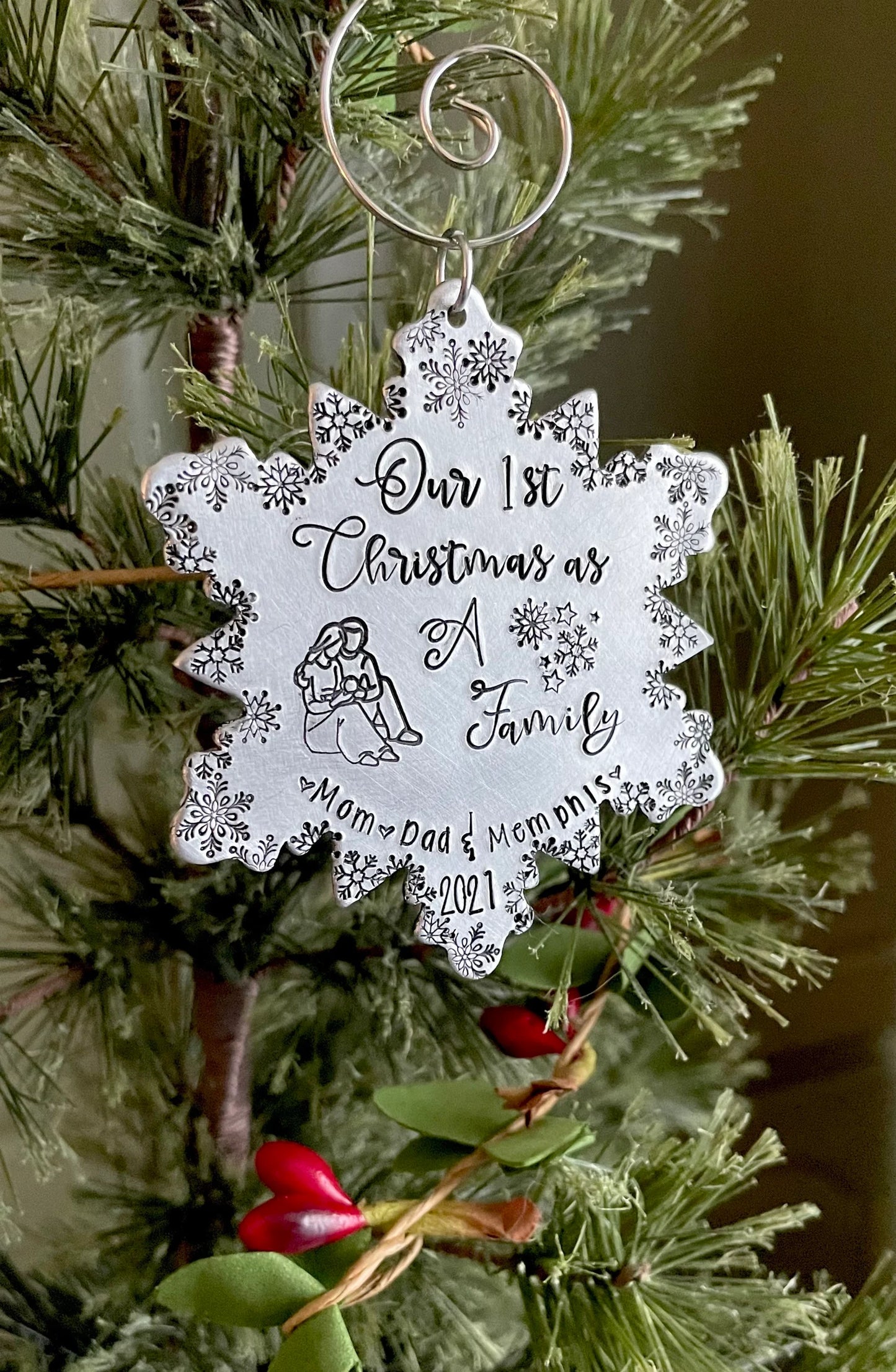 Our first Christmas as a family ornament personalized hand stamped first Christmas together family ornament 2021 snowflake ornament