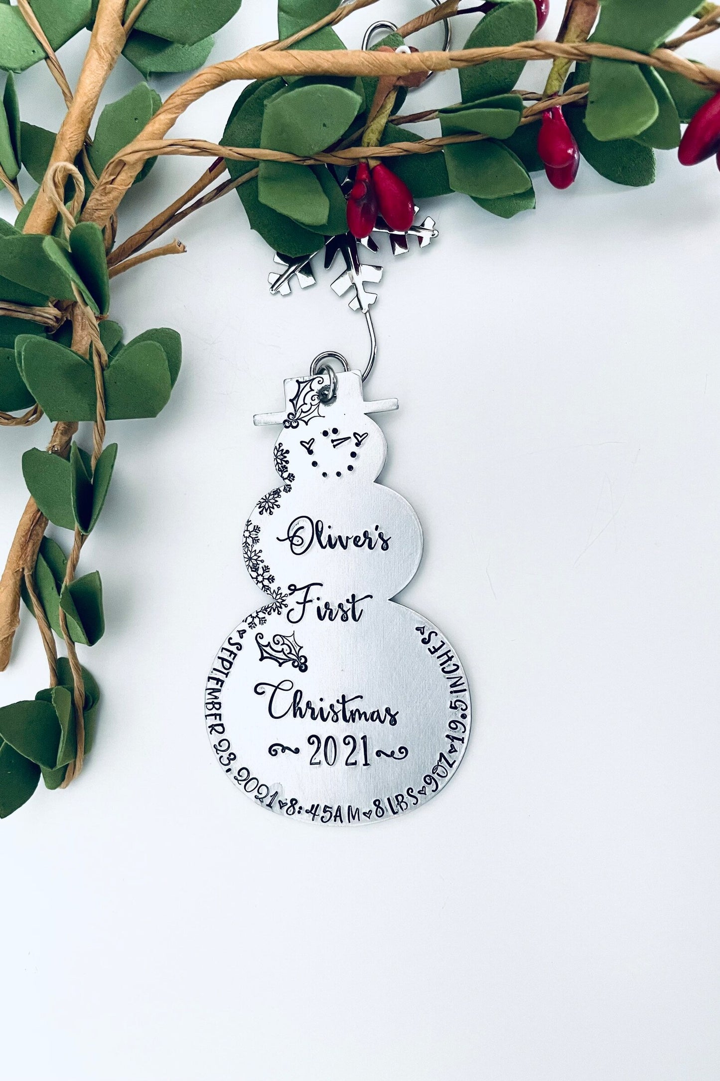 Baby’s first Christmas ornament hand stamped metal snowman Birth announcement Birth stats ornament snowmen new baby 2022 ornament