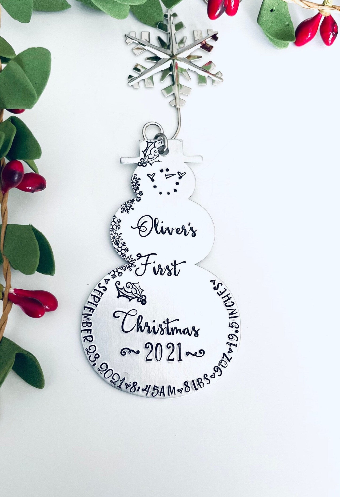 Baby’s first Christmas ornament hand stamped metal snowman Birth announcement Birth stats ornament snowmen new baby 2022 ornament