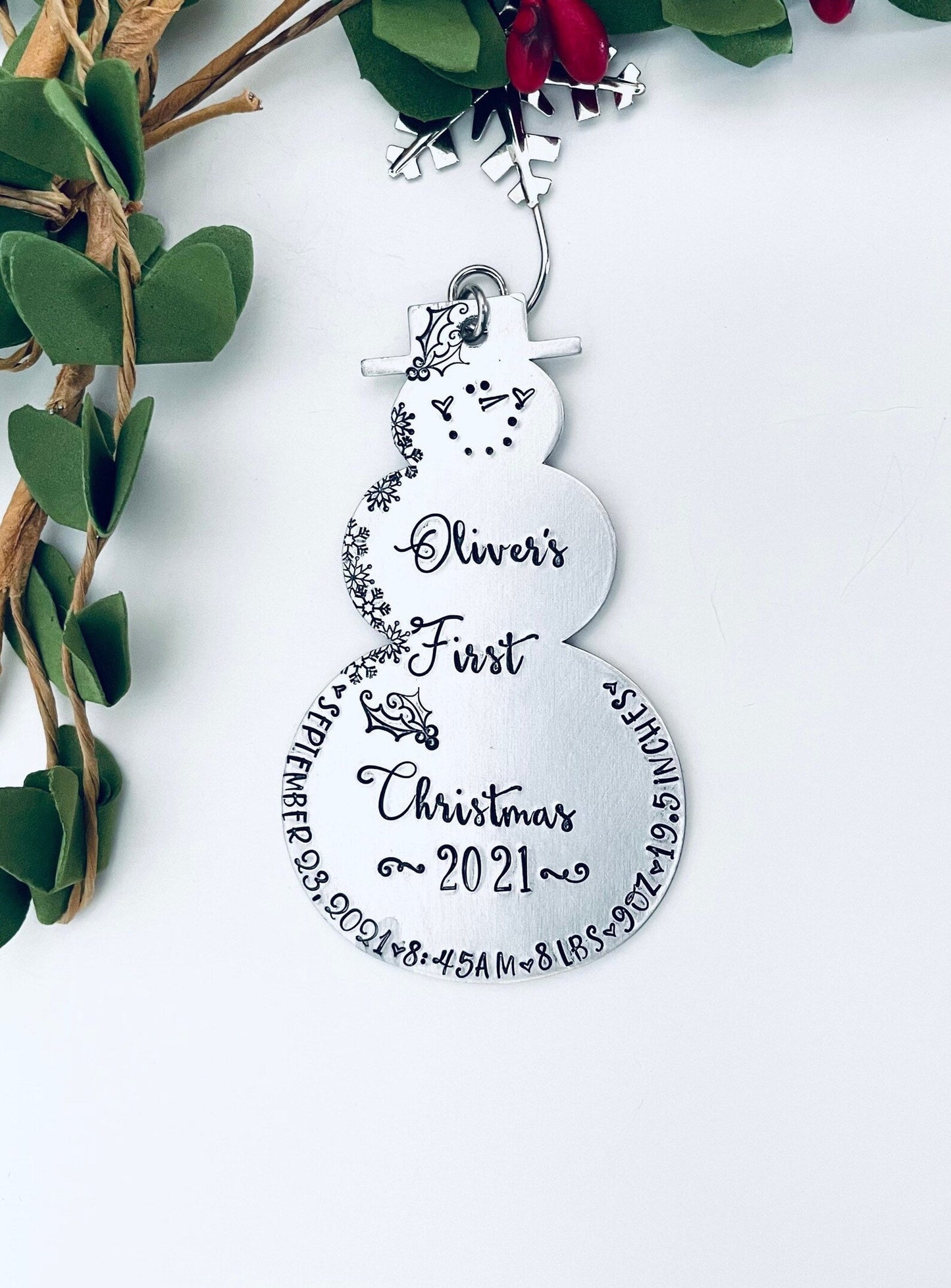 Baby’s first Christmas ornament hand stamped metal snowman Birth announcement Birth stats ornament snowmen new baby 2022 ornament