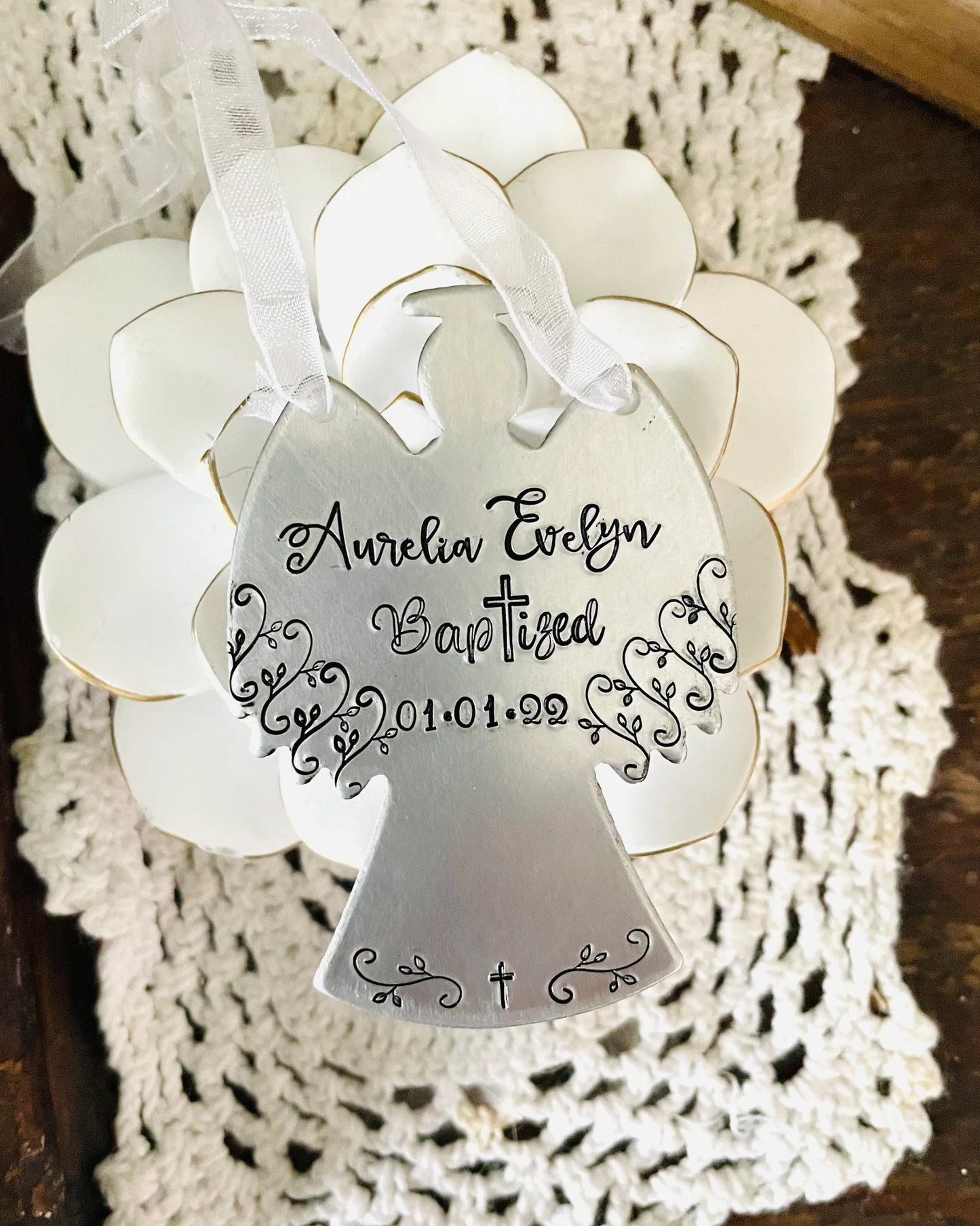 Personalized baptism gift christening gift for godchild custom hand stamped Baptism ornament religious ornament Baptism gift for godchild