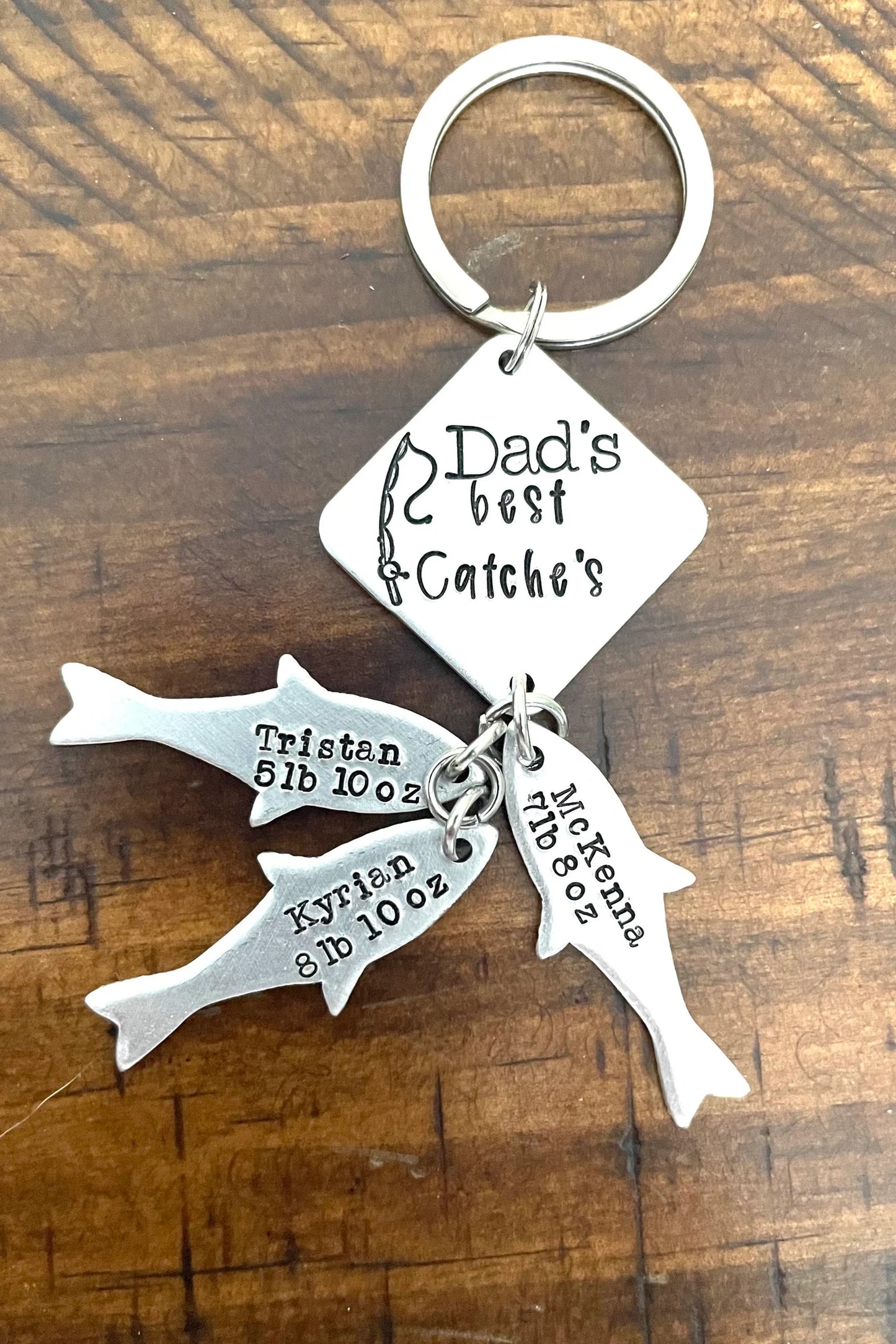 Dad’s best catches custom Father’s Day gift grandpa gift hand stamped and personalized kids names and weight fishing key chain