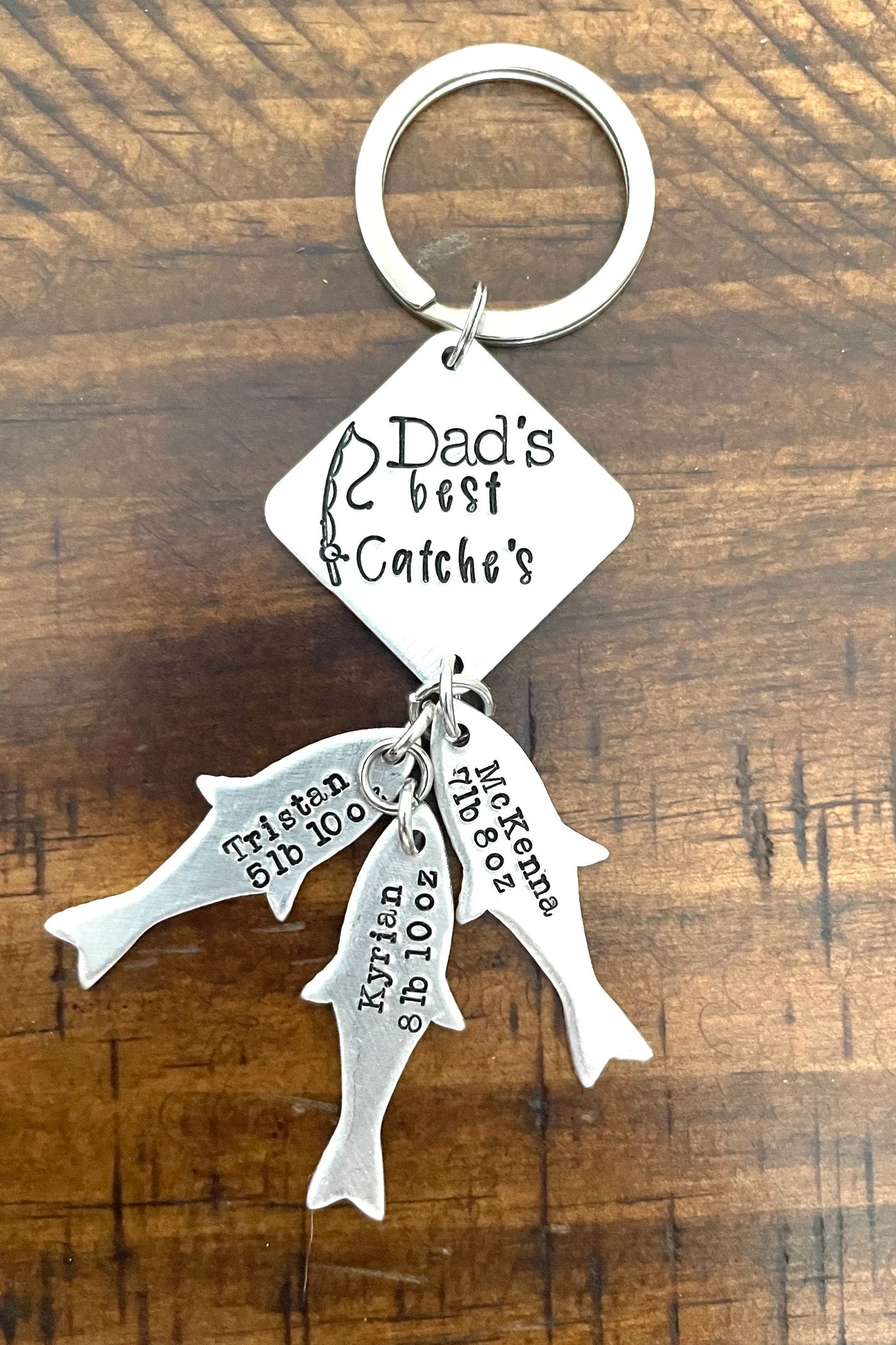 Dad’s best catches custom Father’s Day gift grandpa gift hand stamped and personalized kids names and weight fishing key chain