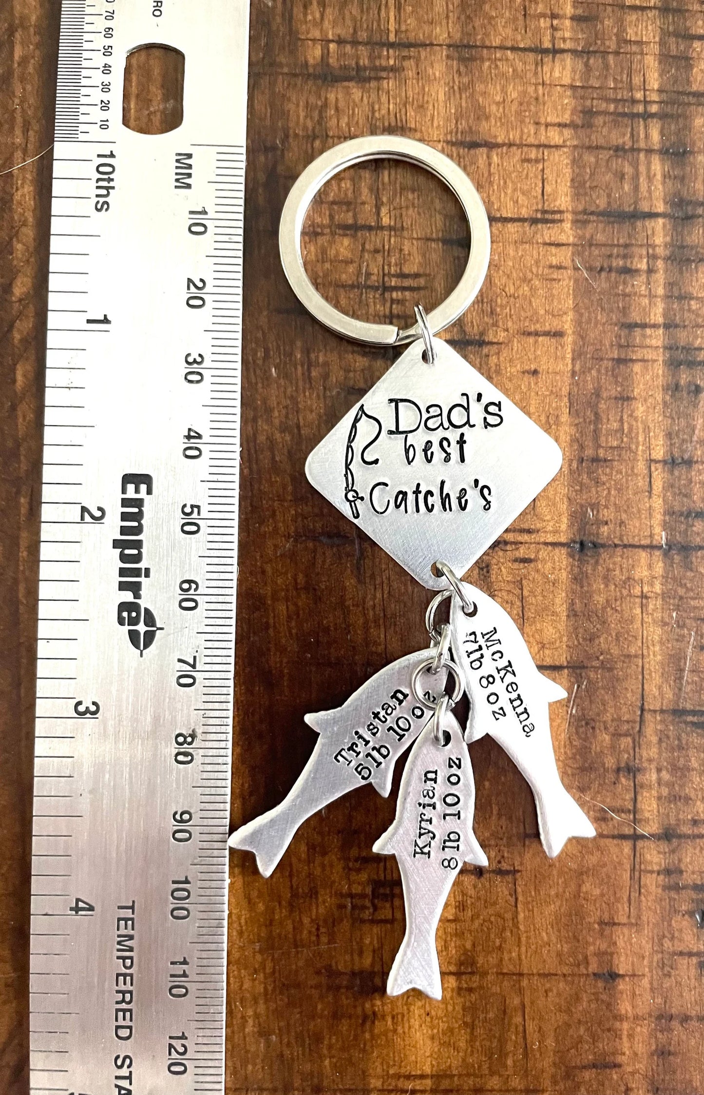 Dad’s best catches custom Father’s Day gift grandpa gift hand stamped and personalized kids names and weight fishing key chain