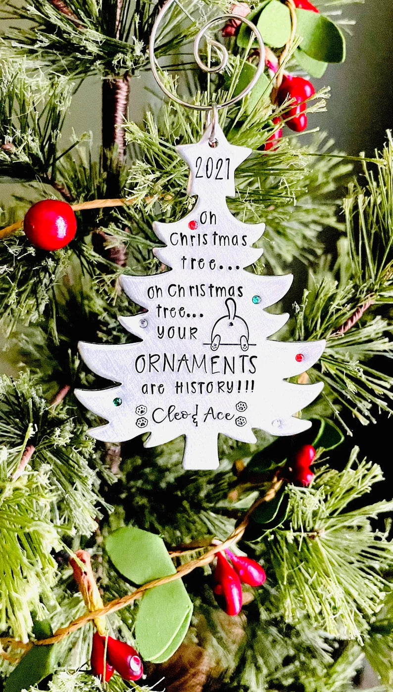 Oh Christmas Tree your ornaments are history hand stamped personalized cat ornament funny cat ornament 2021 cat lover Christmas gift