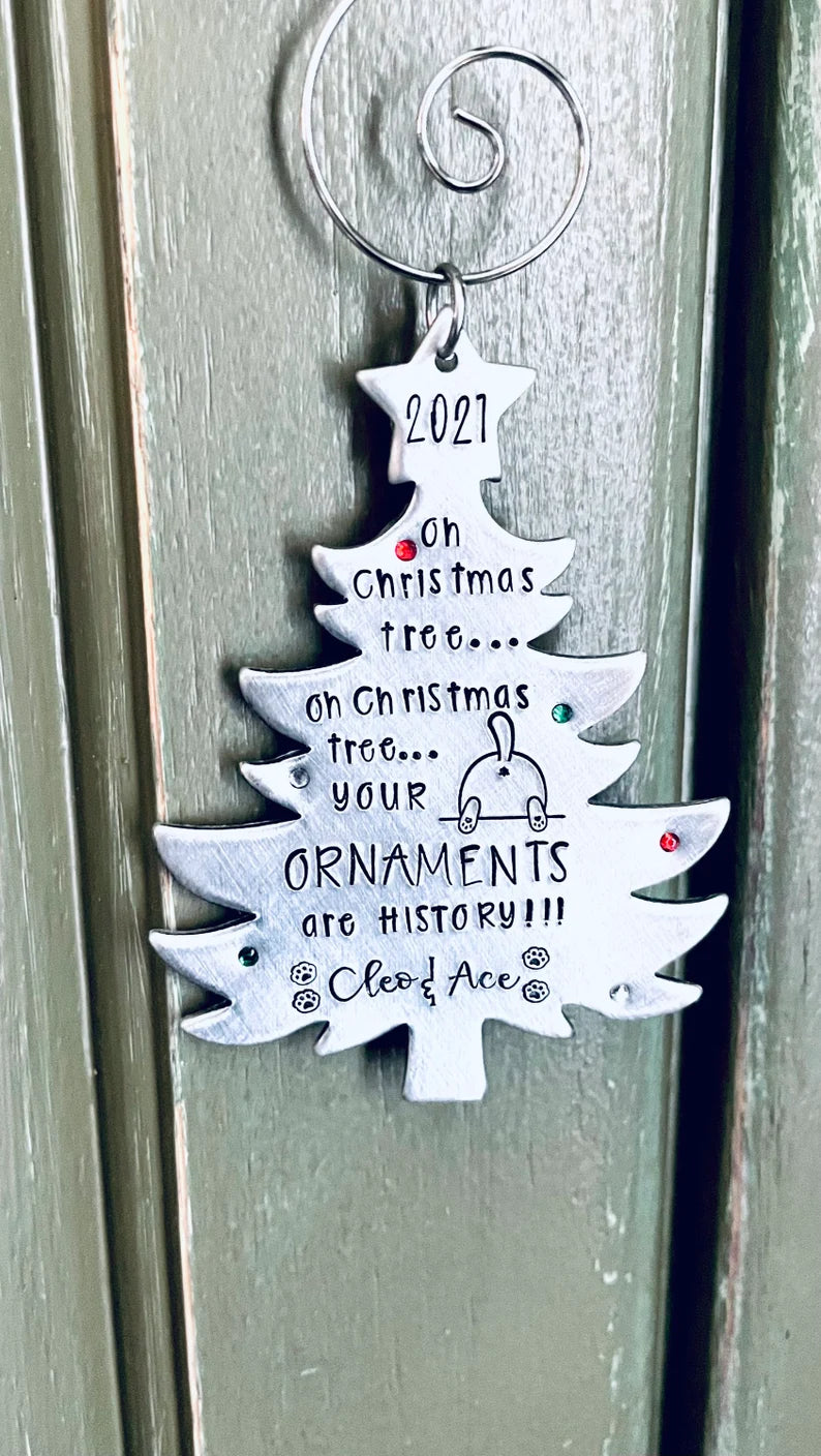 Oh Christmas Tree your ornaments are history hand stamped personalized cat ornament funny cat ornament 2021 cat lover Christmas gift