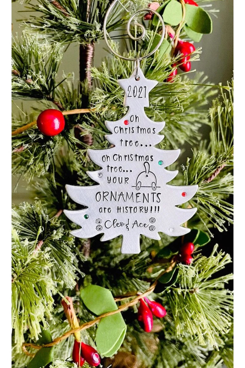 Oh Christmas Tree your ornaments are history hand stamped personalized cat ornament funny cat ornament 2021 cat lover Christmas gift