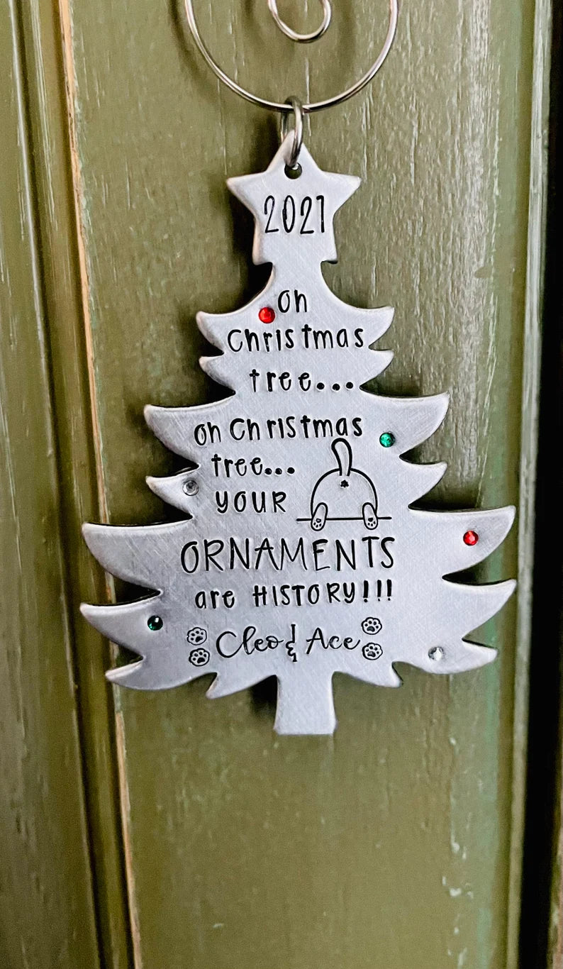 Oh Christmas Tree your ornaments are history hand stamped personalized cat ornament funny cat ornament 2021 cat lover Christmas gift