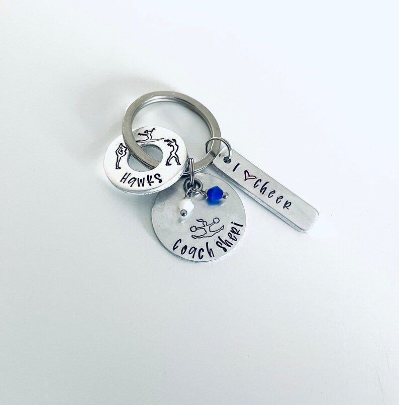 Cheer coach gift hand stamped personalized cheer coach key ring cheer team school spirit key chain cheerleading keychain cheer coaches gift